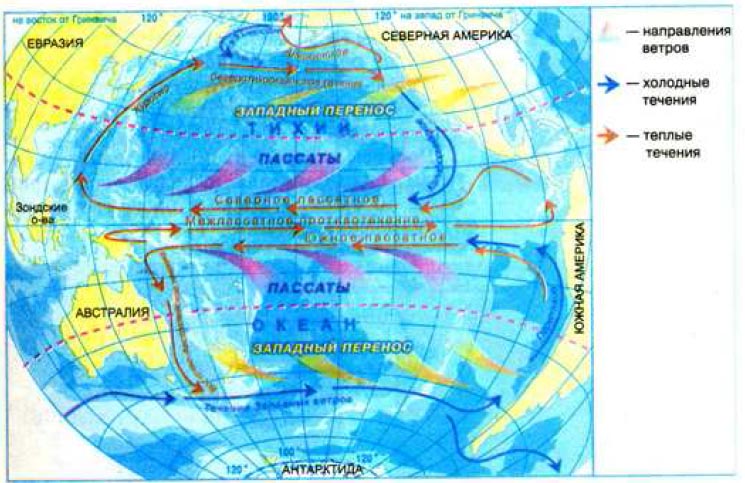 Пассаты южного полушария имеют направление. Климатические пояса Тихого океана на карте. Климат Атлантического океана карта. Течения Северной части Тихого океана. Климатическая карта Тихого океана.