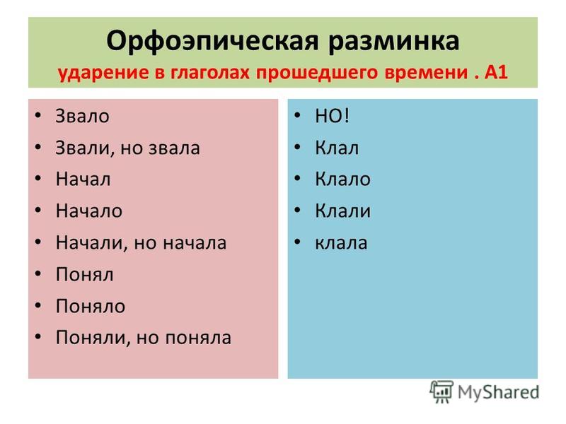 Ударение в слове начал. Ударение в глаголах прошедшего времени. Глаголы в прошедшем времени ударение. Класть клала ударение. Звала ударение.