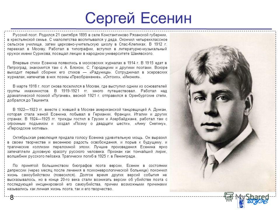 Краткая биография сергея есенина