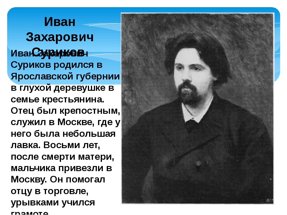 Биография сурикова 3 класс. Иван Захарович Суриков. Ярославская Губерния Иван Суриков. Иван Суриков отчество. Иван Захарович Суриков детство.