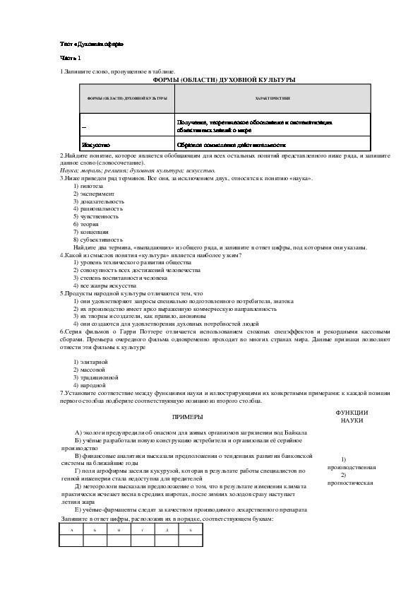 Контрольная работа духовная сфера 8 класс. Тест по обществознанию 10 класс духовная культура.