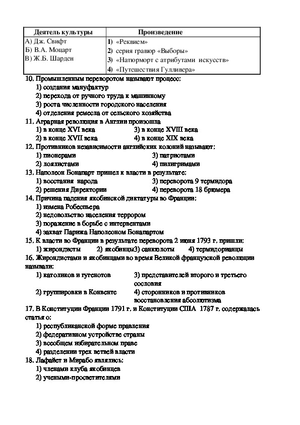 История нового времени 18 век 8 класс. Контрольная работа по истории 8 класс эпоха Просвещения ответы. Контрольный тест по 